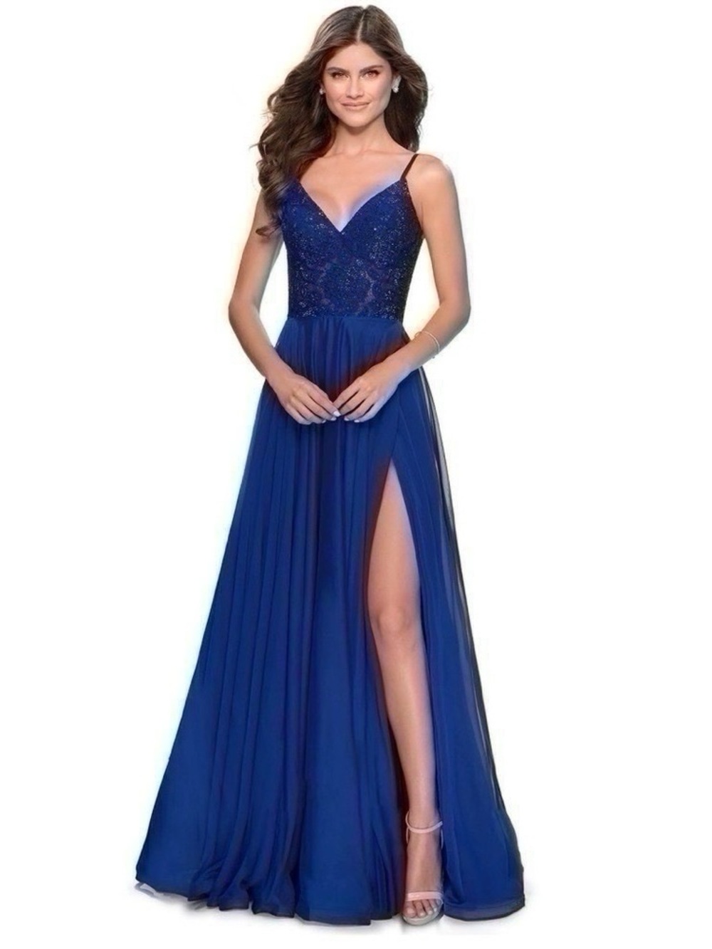 NEW La Femme Women’s Sparkle Lace Chiffon Gown Marine Blue 28664 - Picture 2 of 14